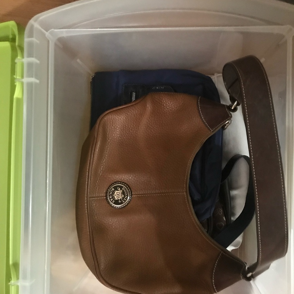 Dooney & Bourke Brown Pebble Leather Shoulder Bag with Logo Medallion